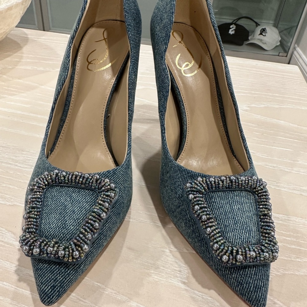 Sam Edelman Harriett Bead denim heels, brand new w/o box